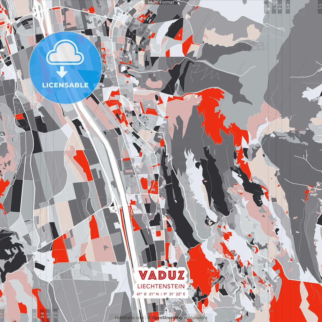 Vaduz, Liechtenstein - modern street map poster template with gray and red tones