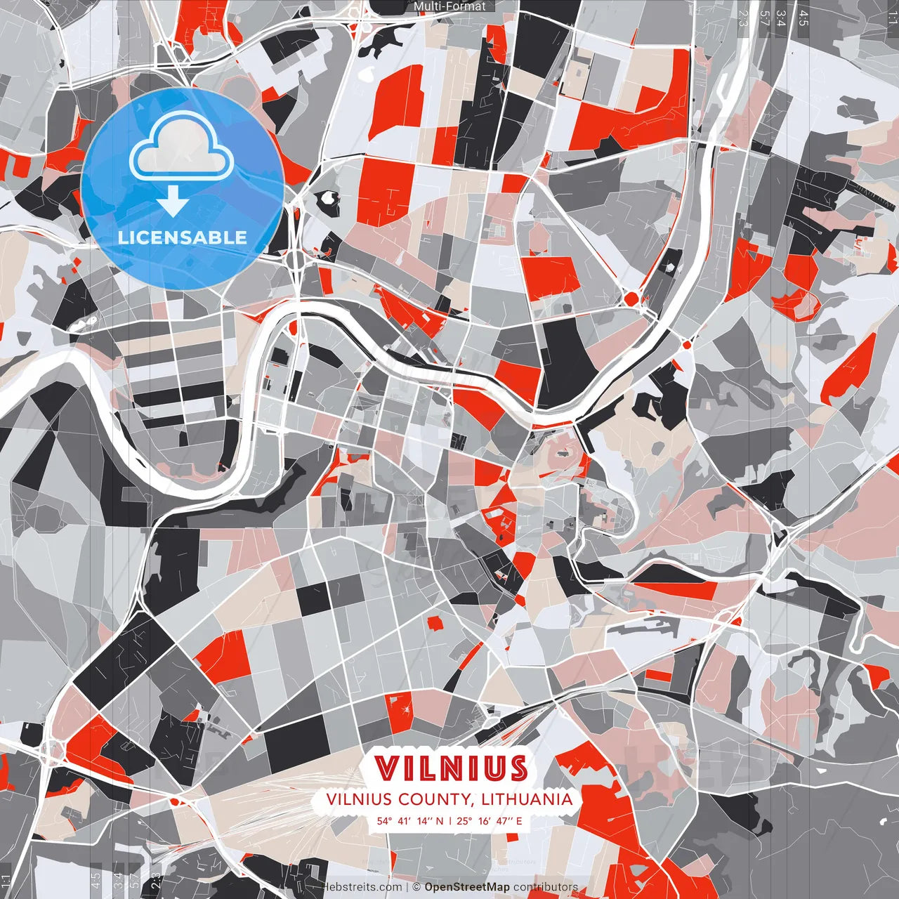 Vilnius, Vilnius County, Lithuania - modern street map poster template with gray and red tones