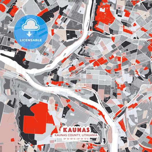 Kaunas, Kaunas County, Lithuania - modern street map poster template with gray and red tones
