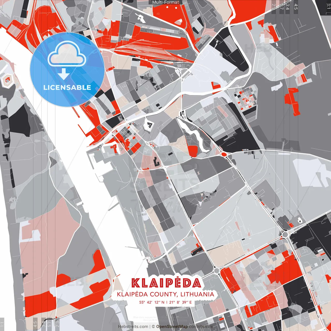 Klaipėda, Klaipėda County, Lithuania - modern street map poster template with gray and red tones