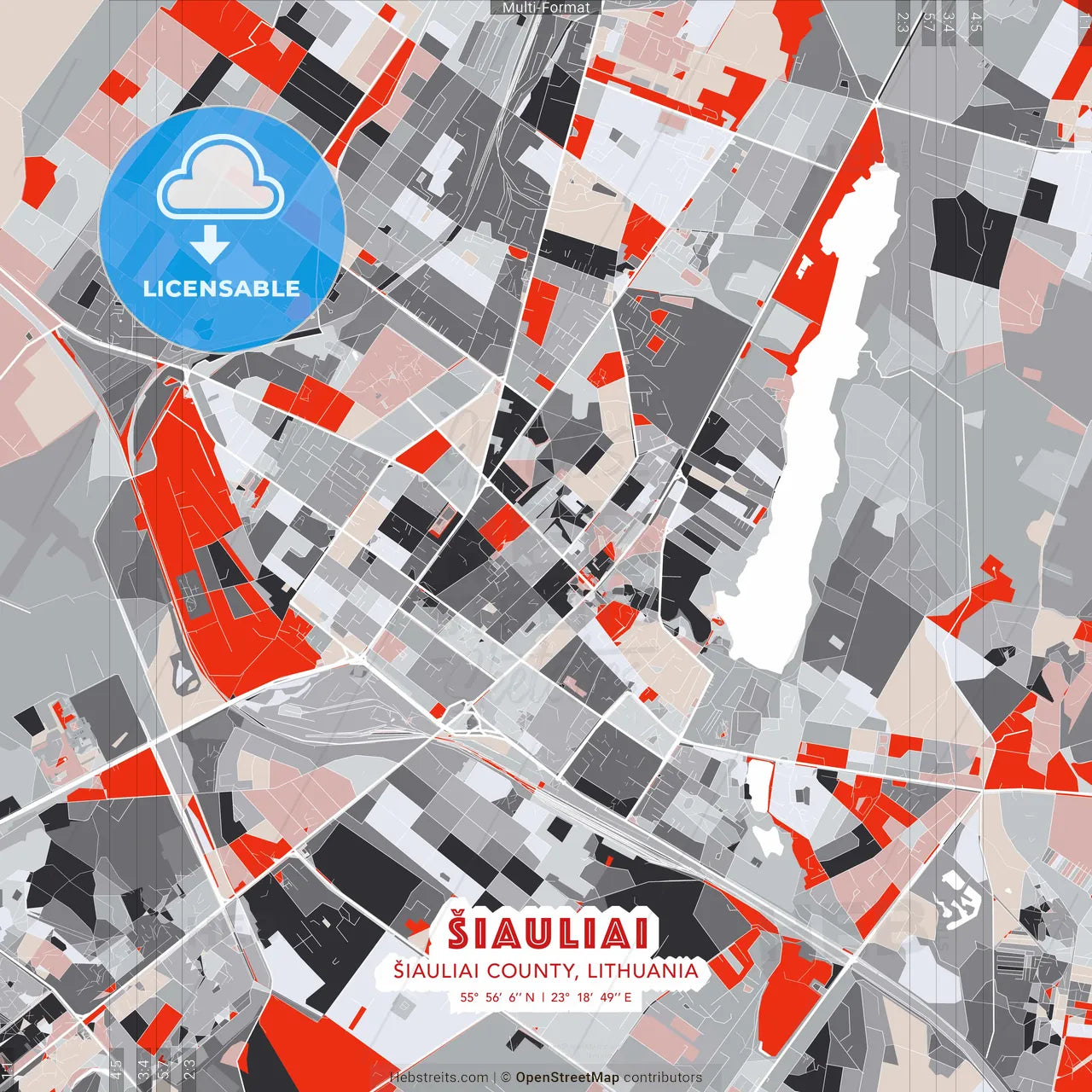 Šiauliai, Šiauliai County, Lithuania - modern street map poster template with gray and red tones