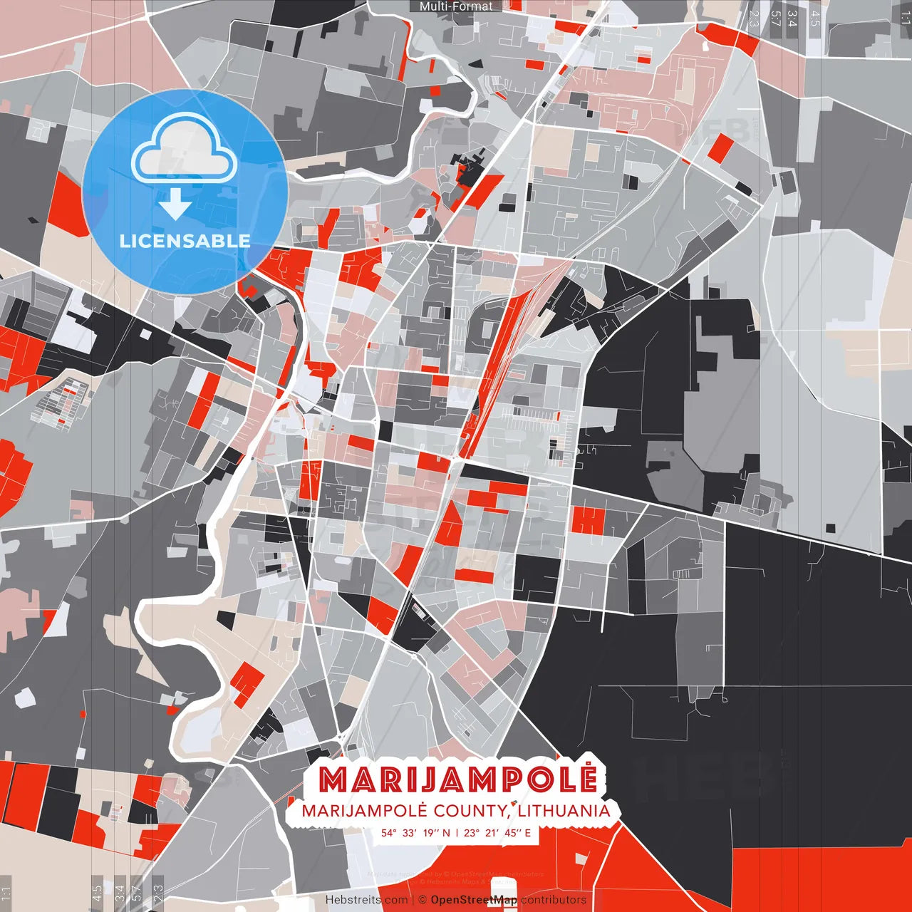 Marijampolė, Marijampolė County, Lithuania - modern street map poster template with gray and red tones