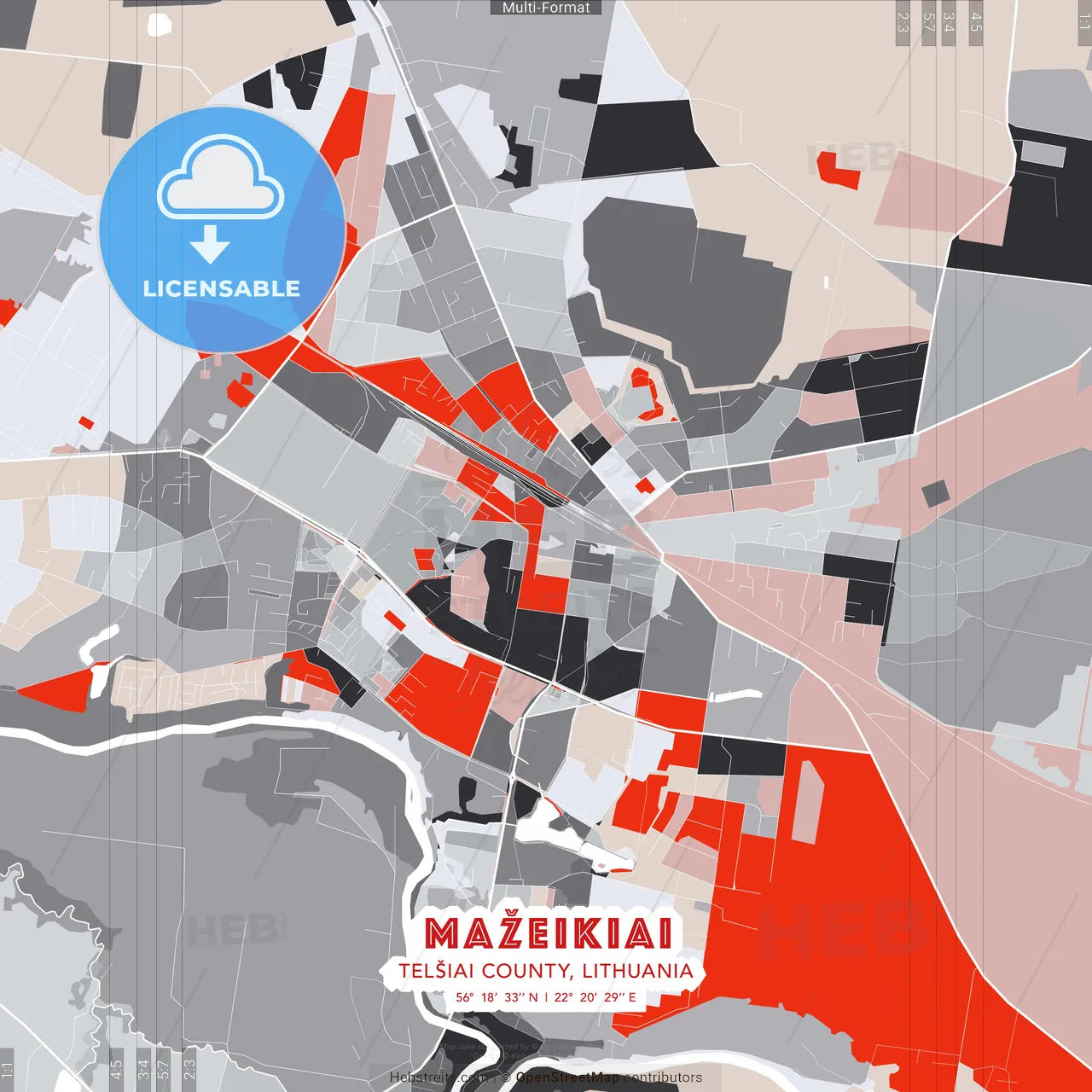 Mažeikiai, Telšiai County, Lithuania - modern street map poster template with gray and red tones