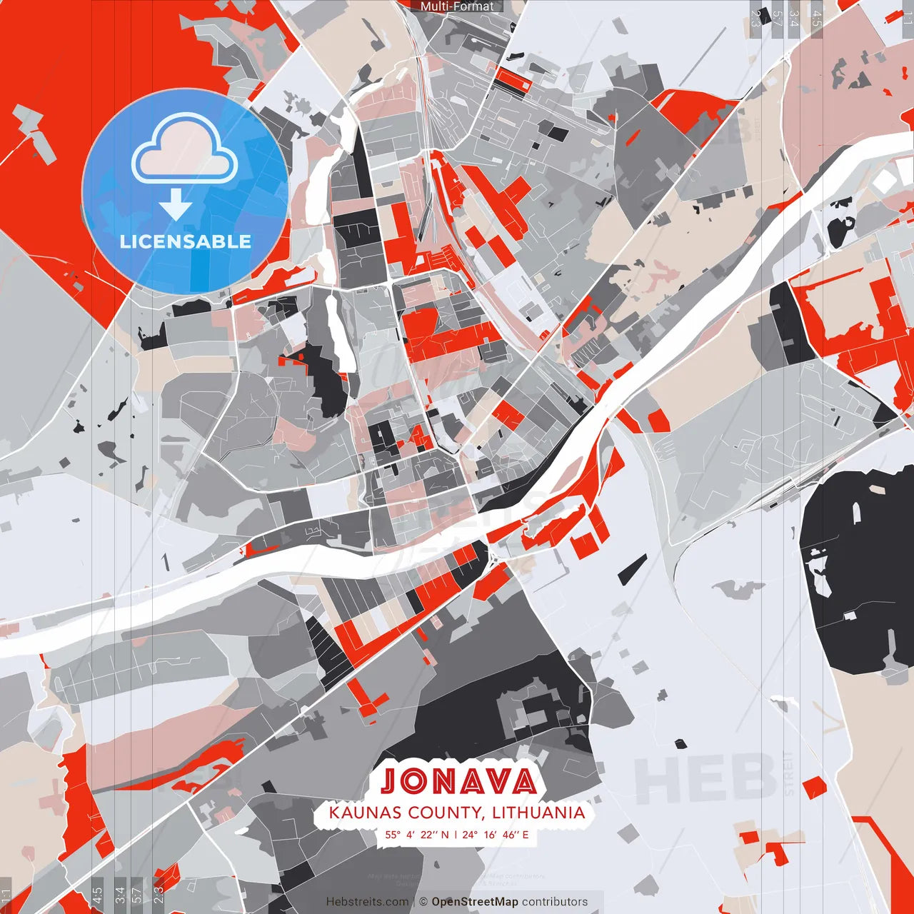 Jonava, Kaunas County, Lithuania - modern street map poster template with gray and red tones