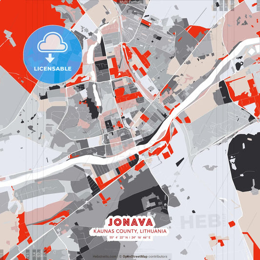 Jonava, Kaunas County, Lithuania - modern street map poster template with gray and red tones
