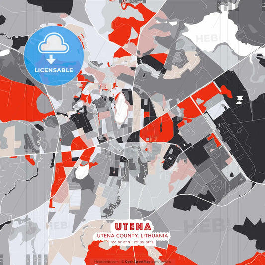 Utena, Utena County, Lithuania - modern street map poster template with gray and red tones