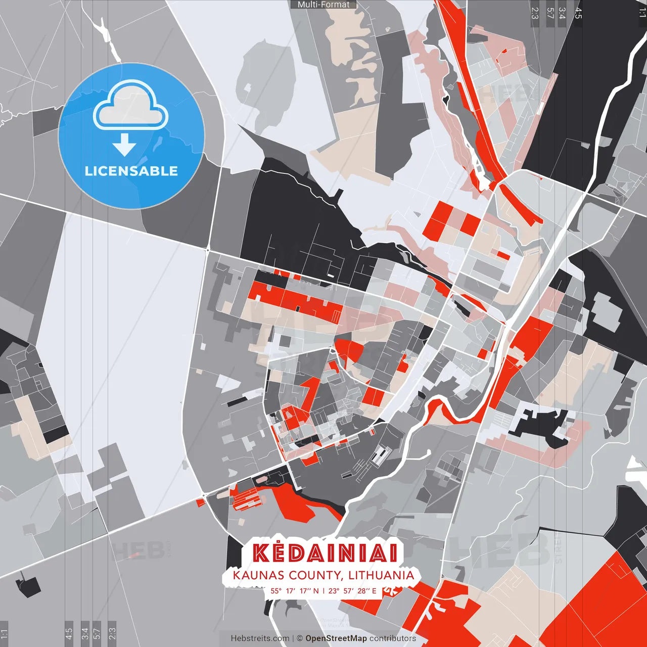 Kėdainiai, Kaunas County, Lithuania - modern street map poster template with gray and red tones