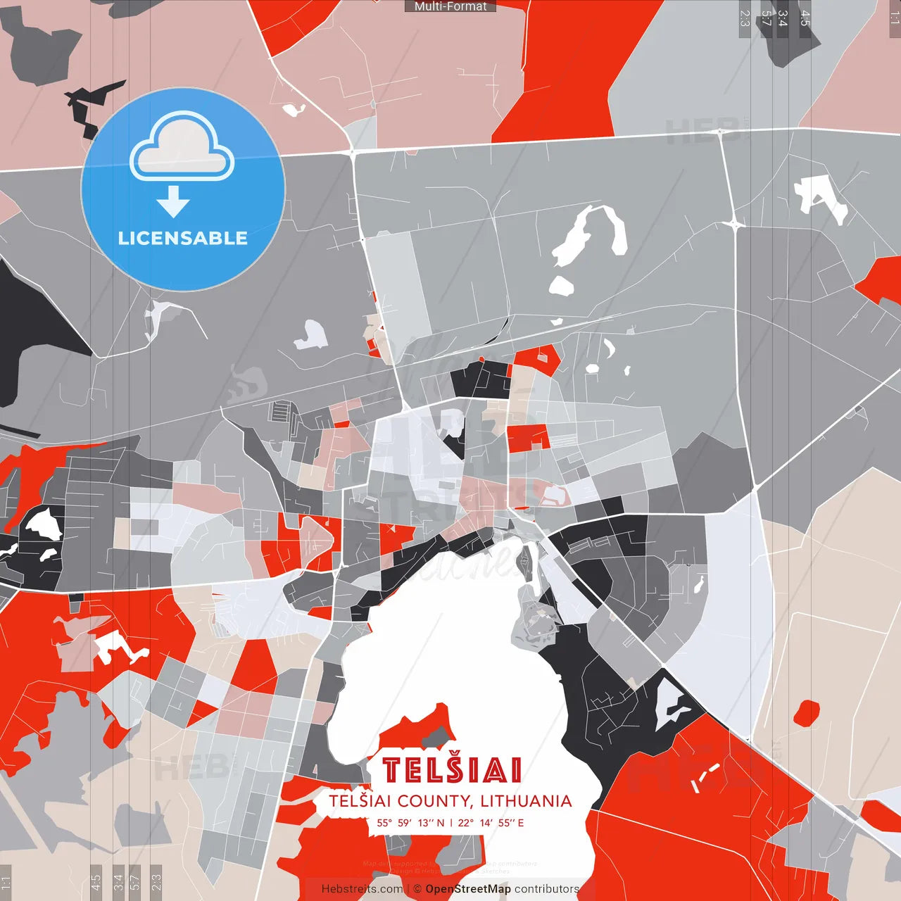 Telšiai, Telšiai County, Lithuania - modern street map poster template with gray and red tones