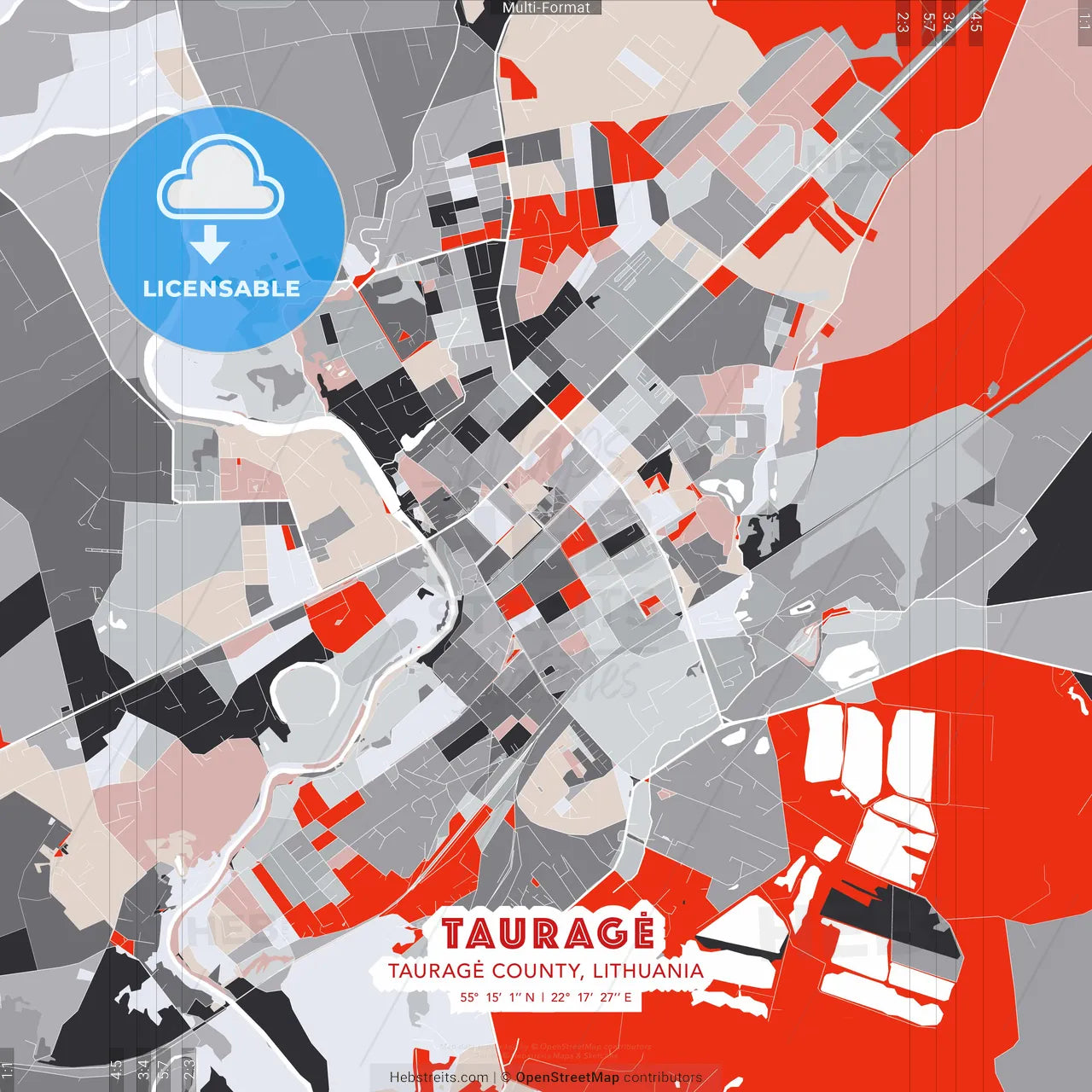 Tauragė, Tauragė County, Lithuania - modern street map poster template with gray and red tones
