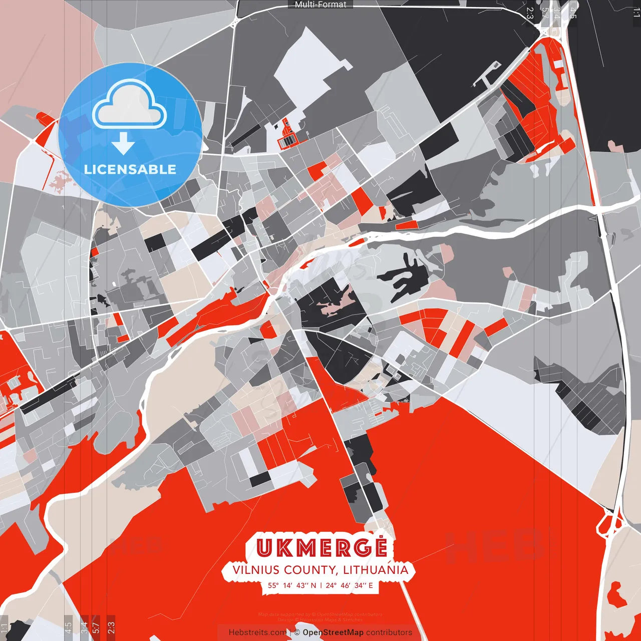 Ukmergė, Vilnius County, Lithuania - modern street map poster template with gray and red tones
