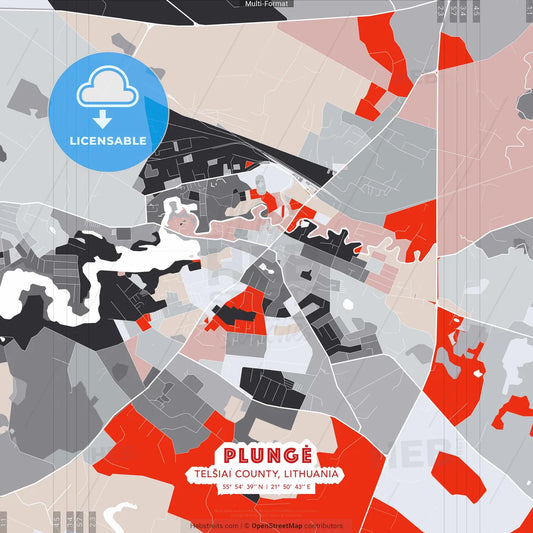 Plungė, Telšiai County, Lithuania - modern street map poster template with gray and red tones