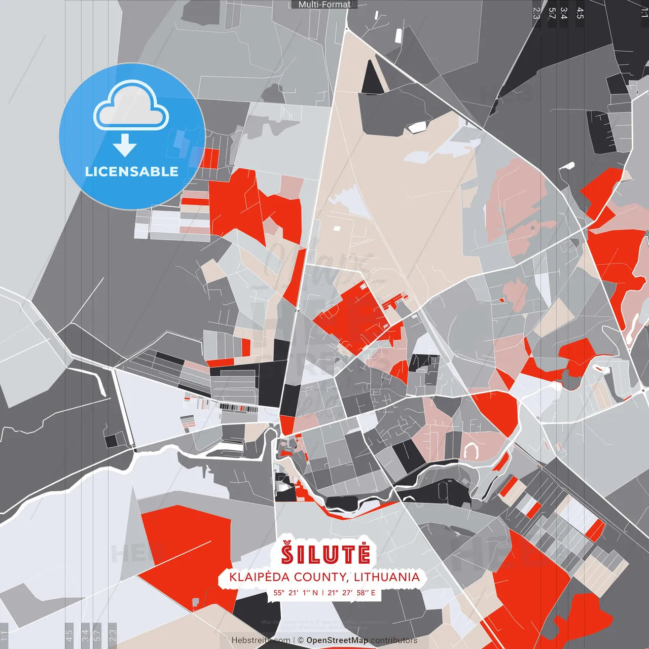 Šilutė, Klaipėda County, Lithuania - modern street map poster template with gray and red tones