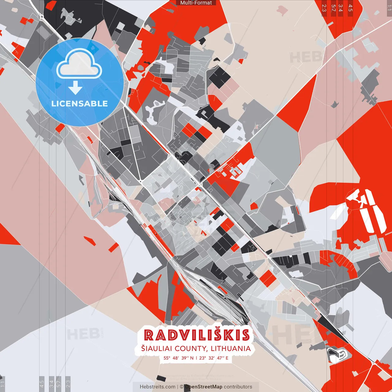 Radviliškis, Šiauliai County, Lithuania - modern street map poster template with gray and red tones