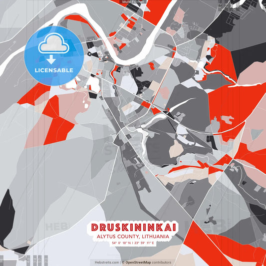 Druskininkai, Alytus County, Lithuania - modern street map poster template with gray and red tones