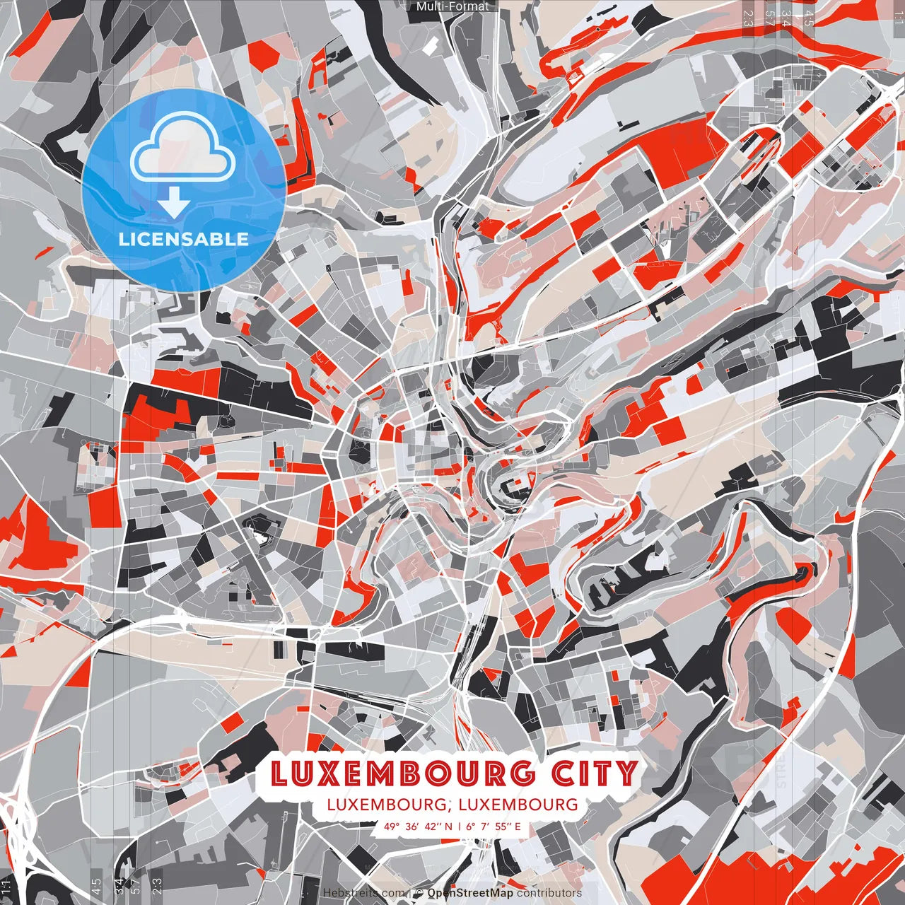 Luxembourg City, Luxembourg, Luxembourg - modern street map poster template with gray and red tones