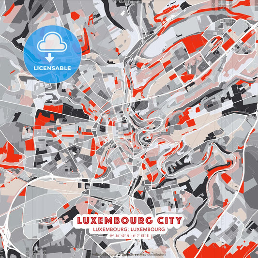 Luxembourg City, Luxembourg, Luxembourg - modern street map poster template with gray and red tones
