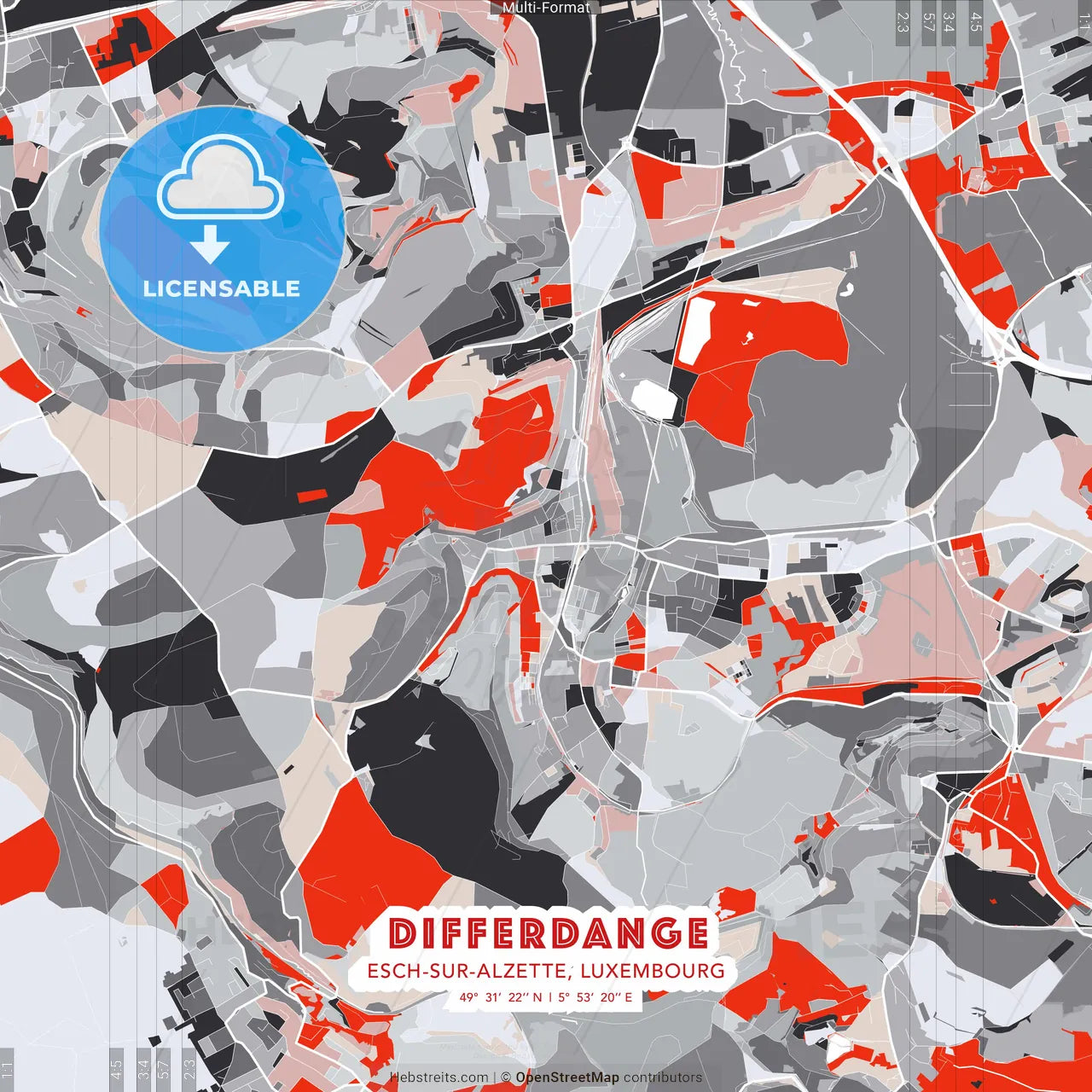 Differdange, Esch-sur-Alzette, Luxembourg - modern street map poster template with gray and red tones