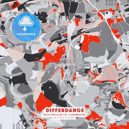 Differdange, Esch-sur-Alzette, Luxembourg - modern street map poster template with gray and red tones
