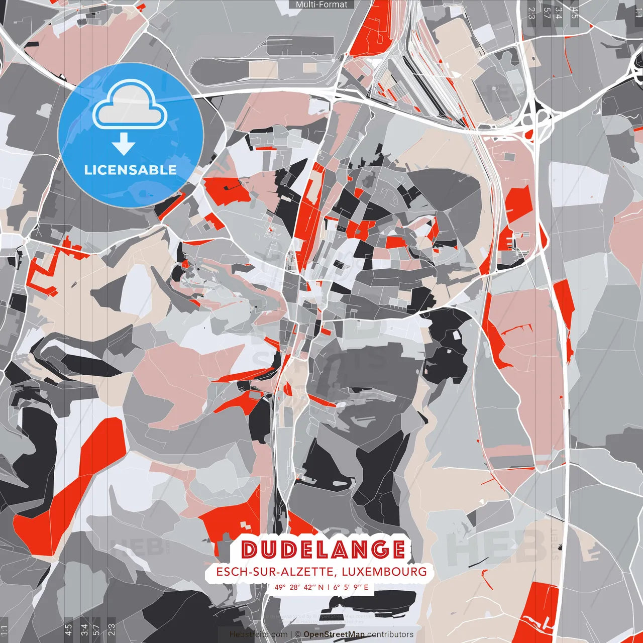 Dudelange, Esch-sur-Alzette, Luxembourg - modern street map poster template with gray and red tones