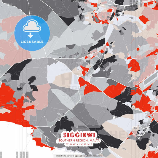 Siġġiewi, Southern Region, Malta - modern street map poster template with gray and red tones