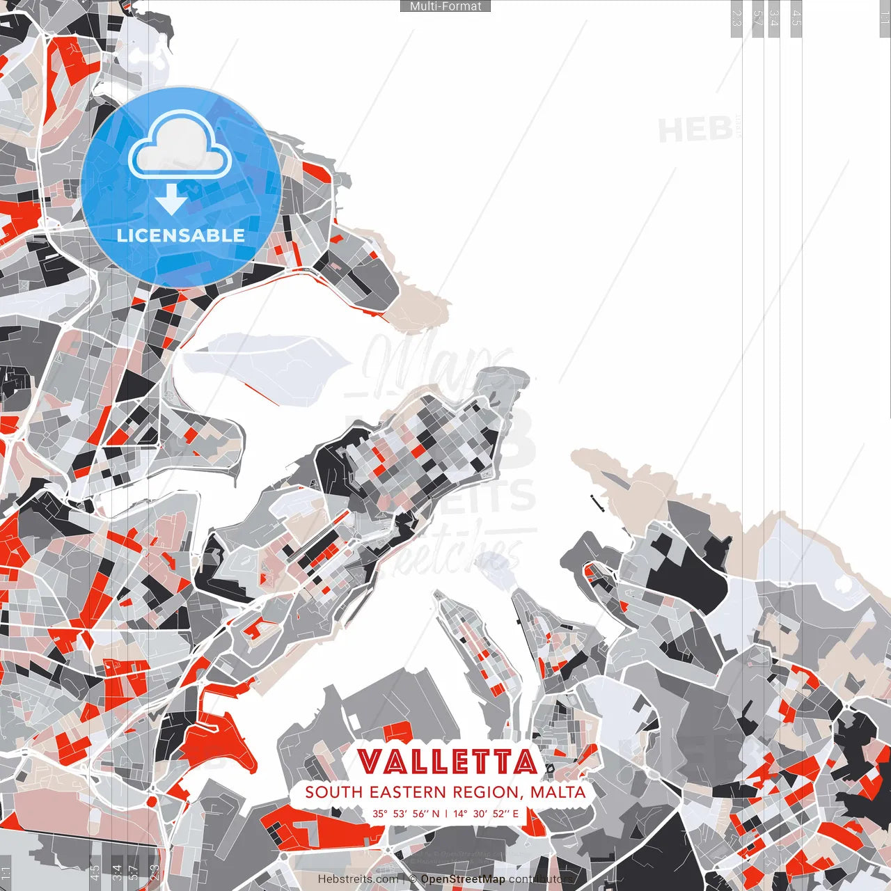 Valletta, South Eastern Region, Malta - modern street map poster template with gray and red tones