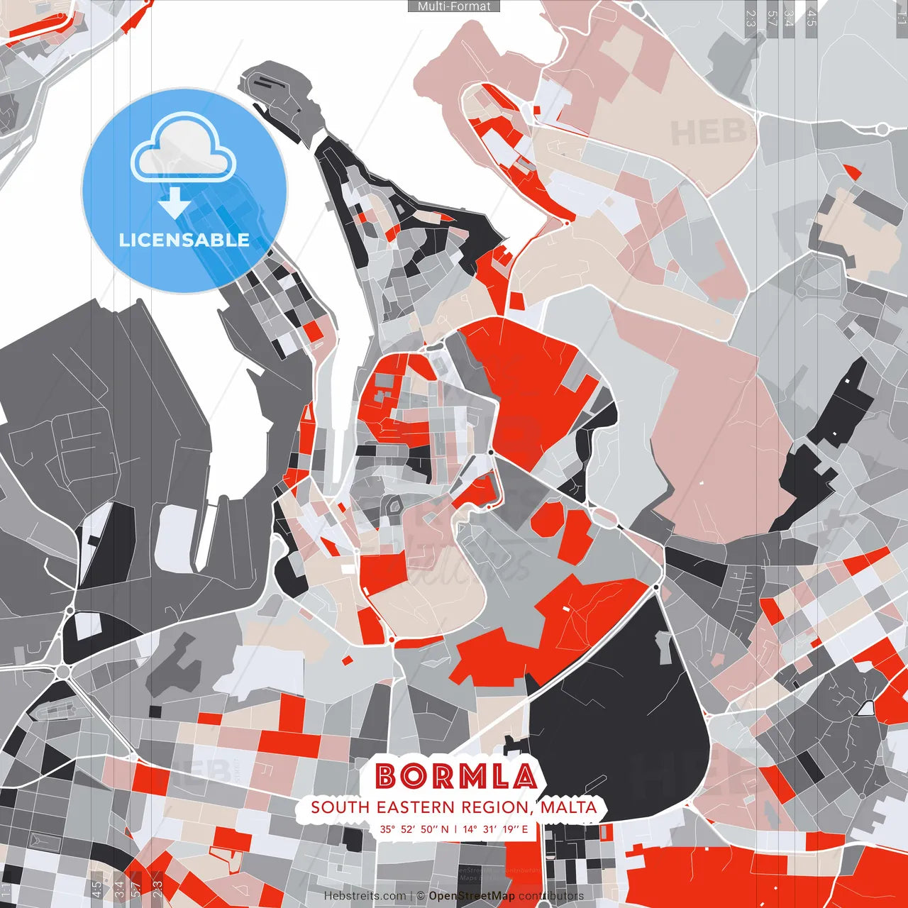 Bormla, South Eastern Region, Malta - modern street map poster template with gray and red tones