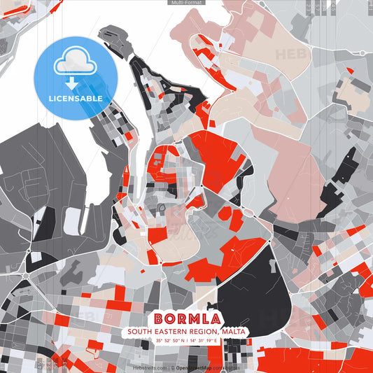 Bormla, South Eastern Region, Malta - modern street map poster template with gray and red tones