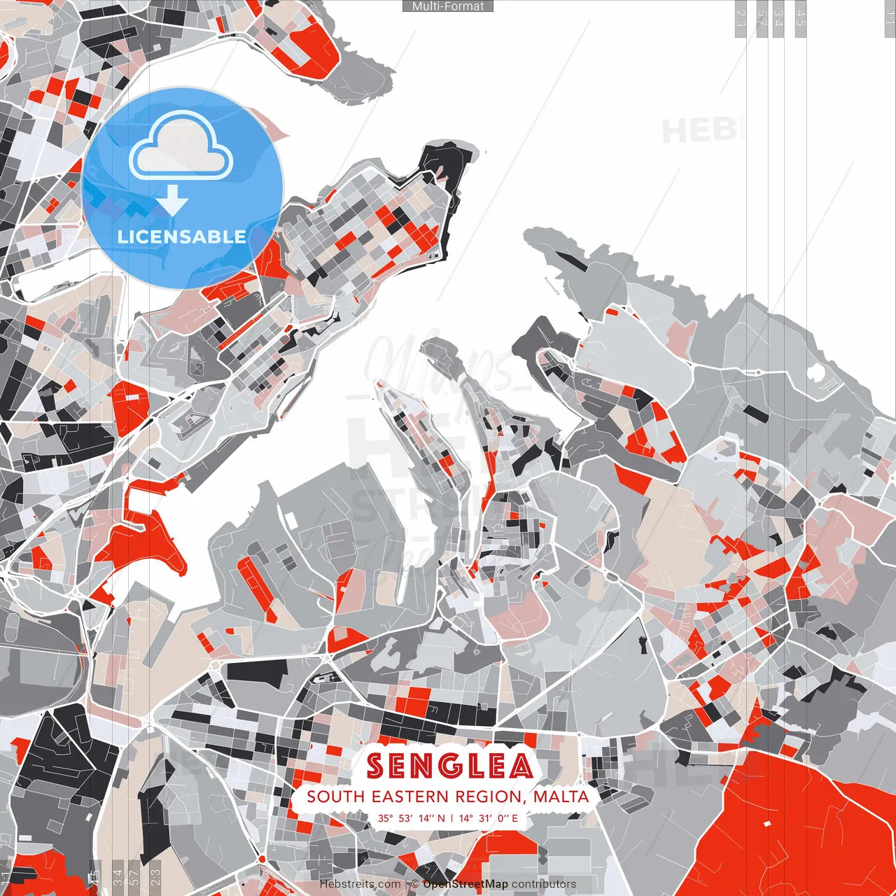 Senglea, South Eastern Region, Malta - modern street map poster template with gray and red tones