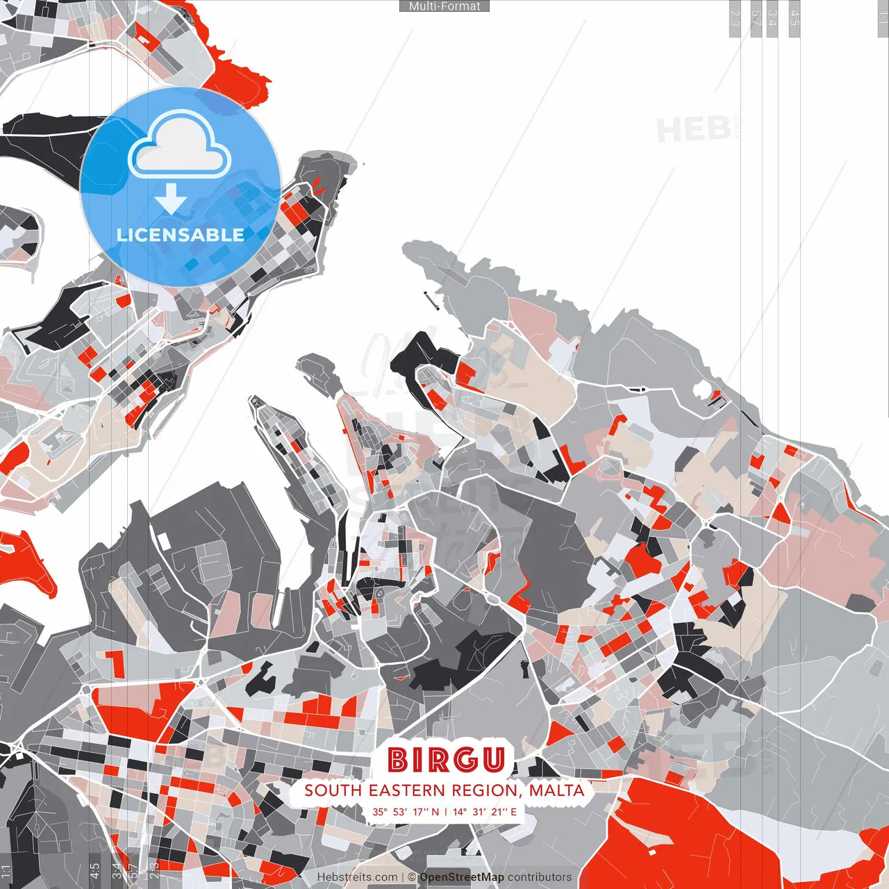 Birgu, South Eastern Region, Malta - modern street map poster template with gray and red tones