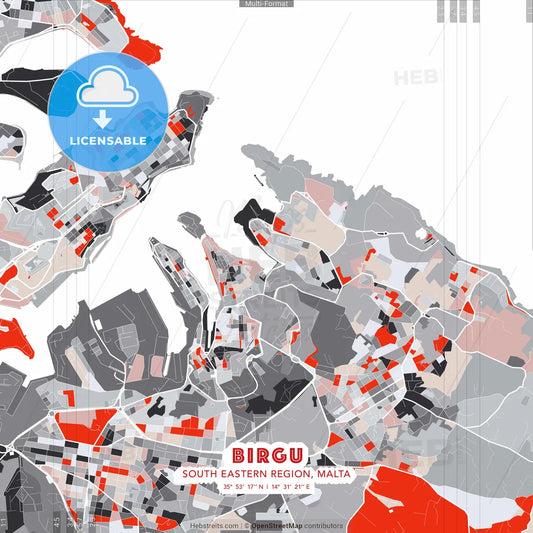 Birgu, South Eastern Region, Malta - modern street map poster template with gray and red tones