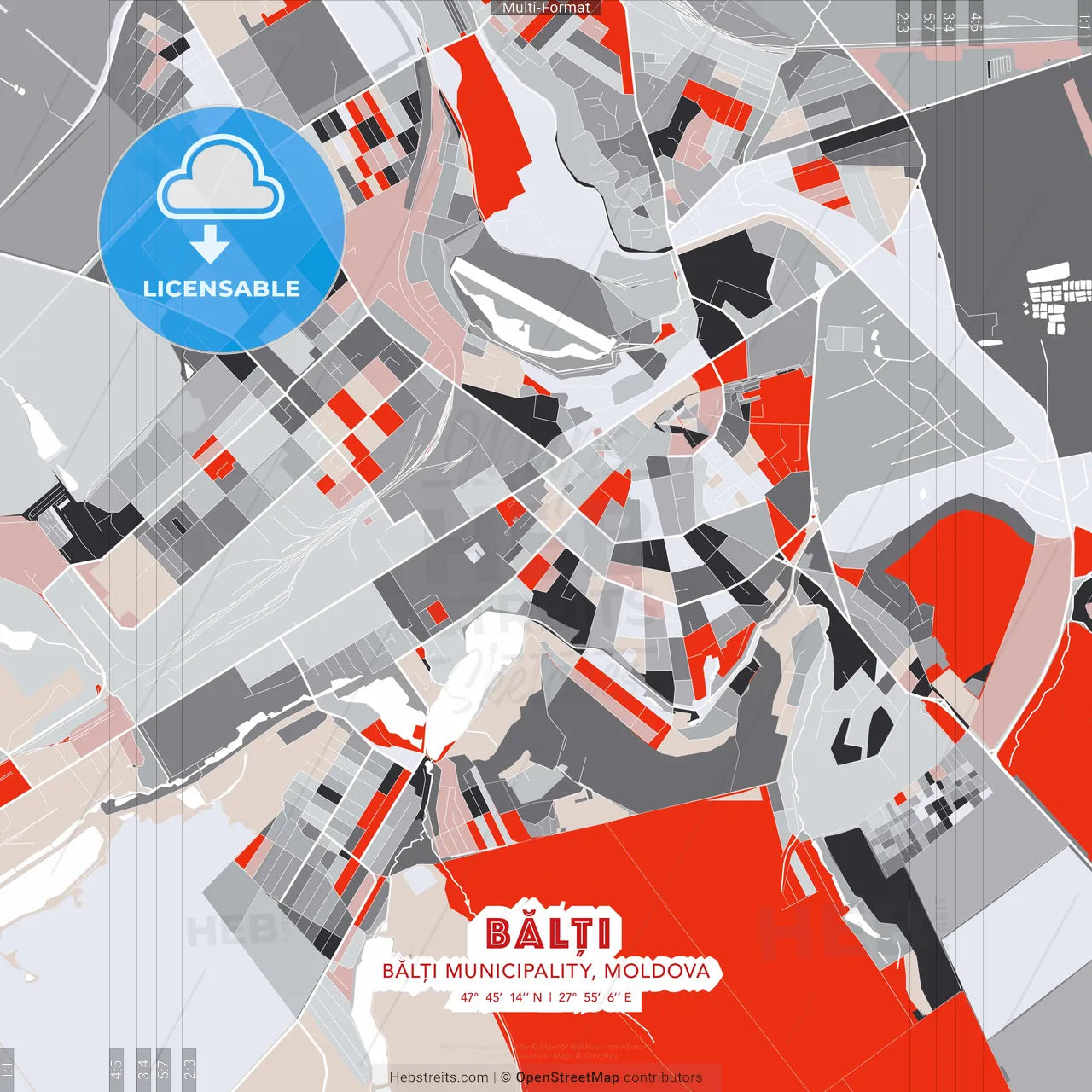 Bălți, Bălți municipality, Moldova - modern street map poster template with gray and red tones