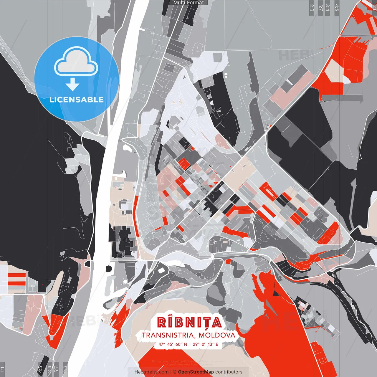 Rîbnița, Transnistria, Moldova - modern street map poster template with gray and red tones
