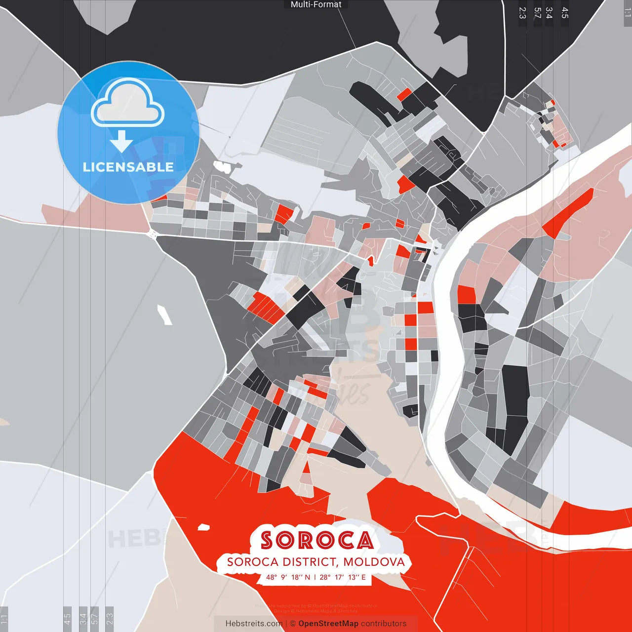 Soroca, Soroca district, Moldova - modern street map poster template with gray and red tones