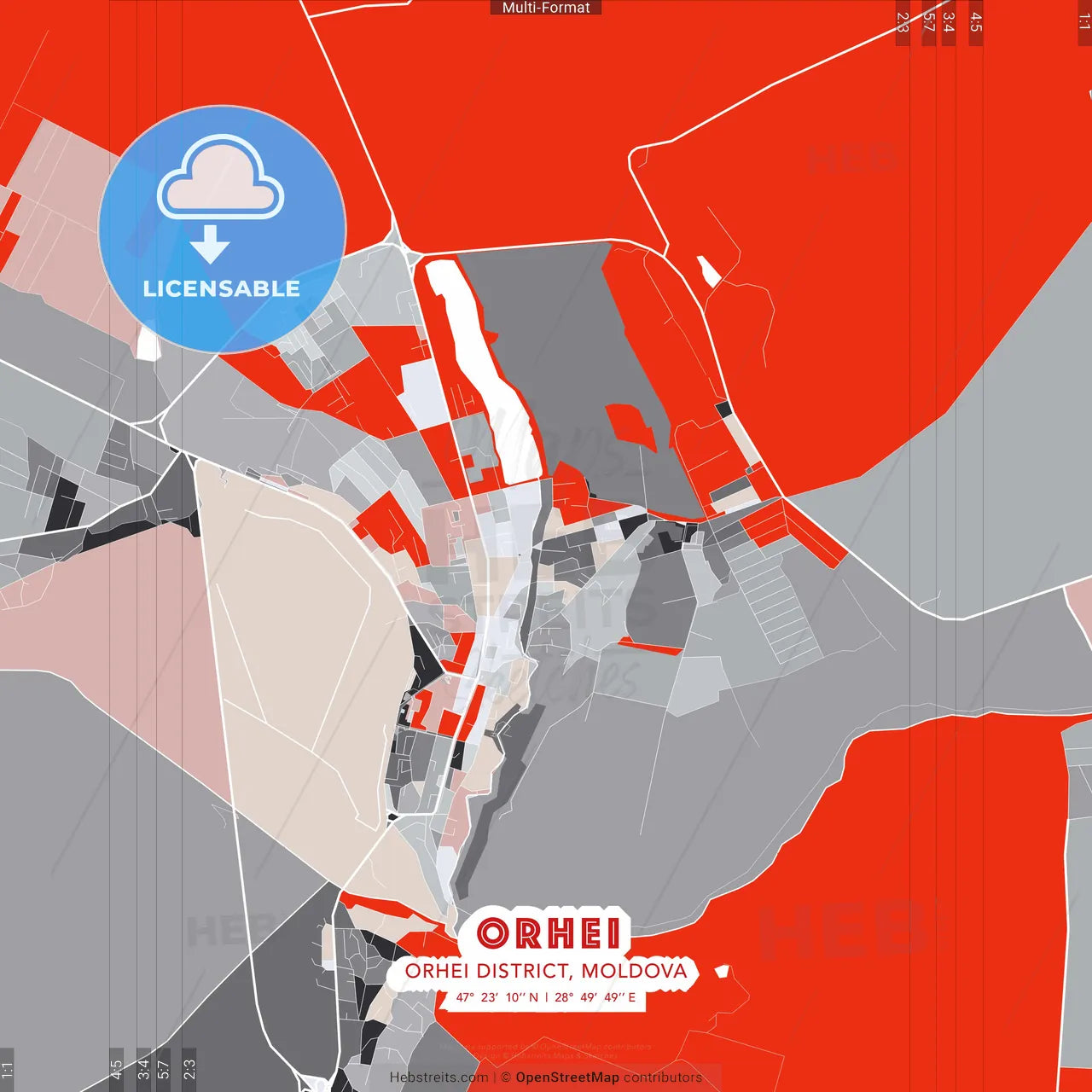 Orhei, Orhei district, Moldova - modern street map poster template with gray and red tones