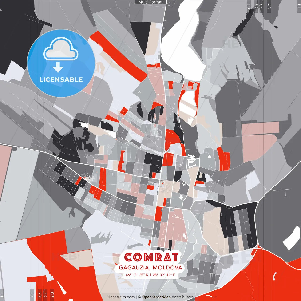 Comrat, Gagauzia, Moldova - modern street map poster template with gray and red tones