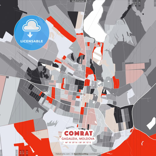 Comrat, Gagauzia, Moldova - modern street map poster template with gray and red tones