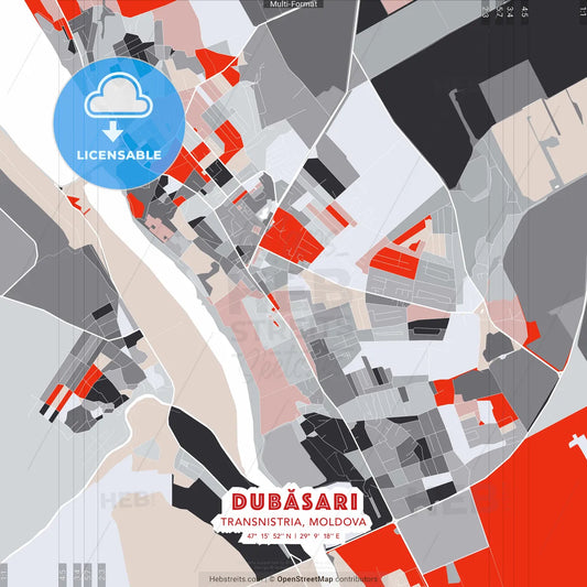 Dubăsari, Transnistria, Moldova - modern street map poster template with gray and red tones