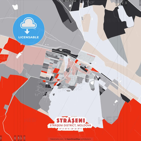 Strășeni, Strășeni district, Moldova - modern street map poster template with gray and red tones
