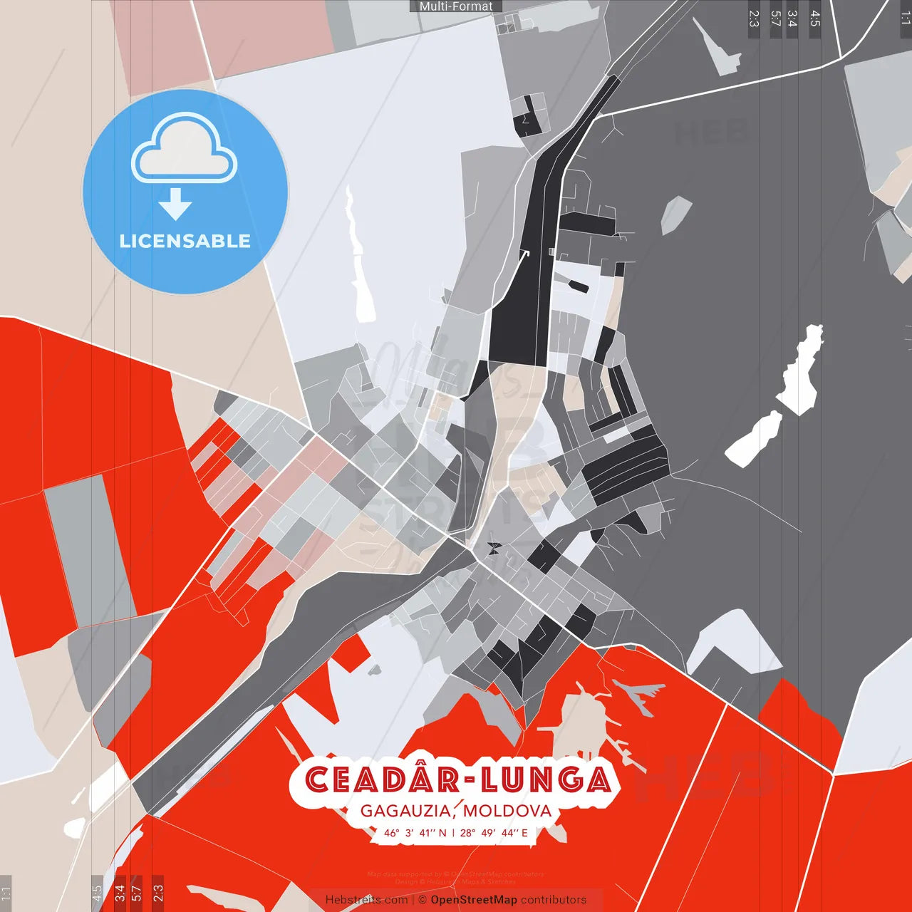 Ceadâr-Lunga, Gagauzia, Moldova - modern street map poster template with gray and red tones