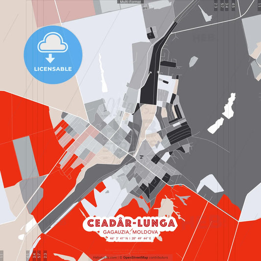 Ceadâr-Lunga, Gagauzia, Moldova - modern street map poster template with gray and red tones