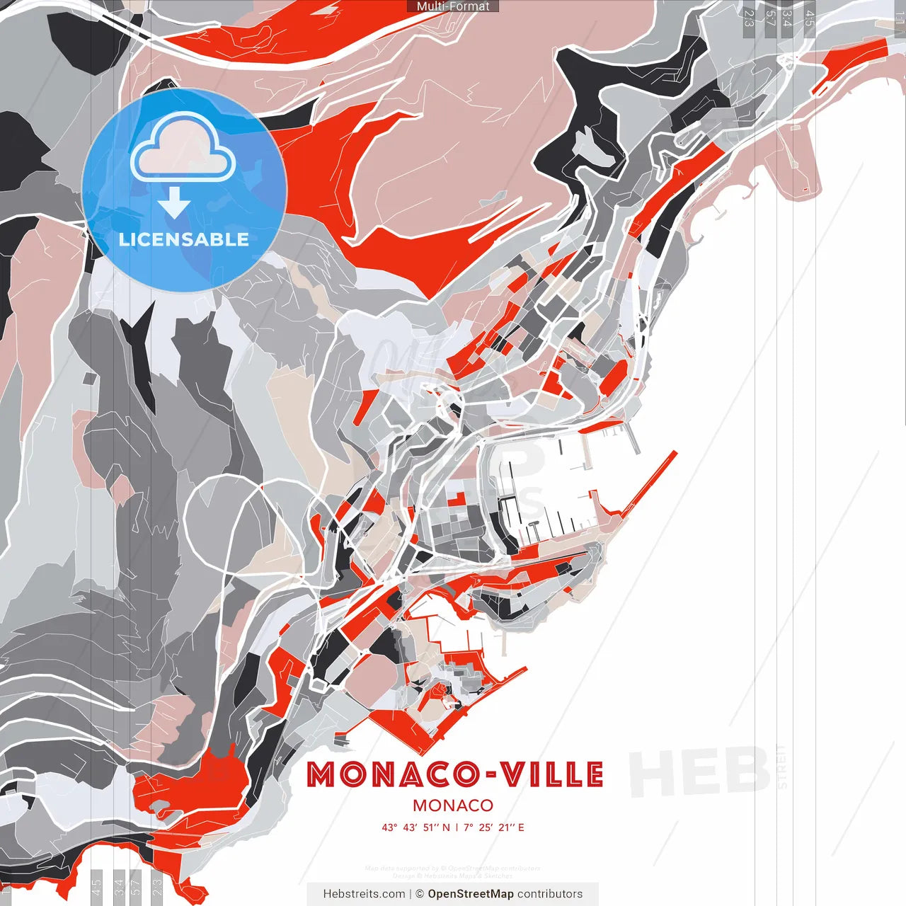 Monaco-Ville, Monaco - modern street map poster template with gray and red tones