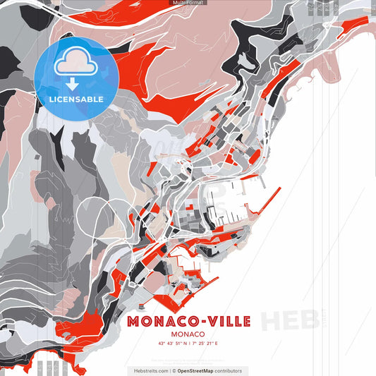 Monaco-Ville, Monaco - modern street map poster template with gray and red tones