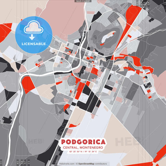 Podgorica, Central, Montenegro - modern street map poster template with gray and red tones