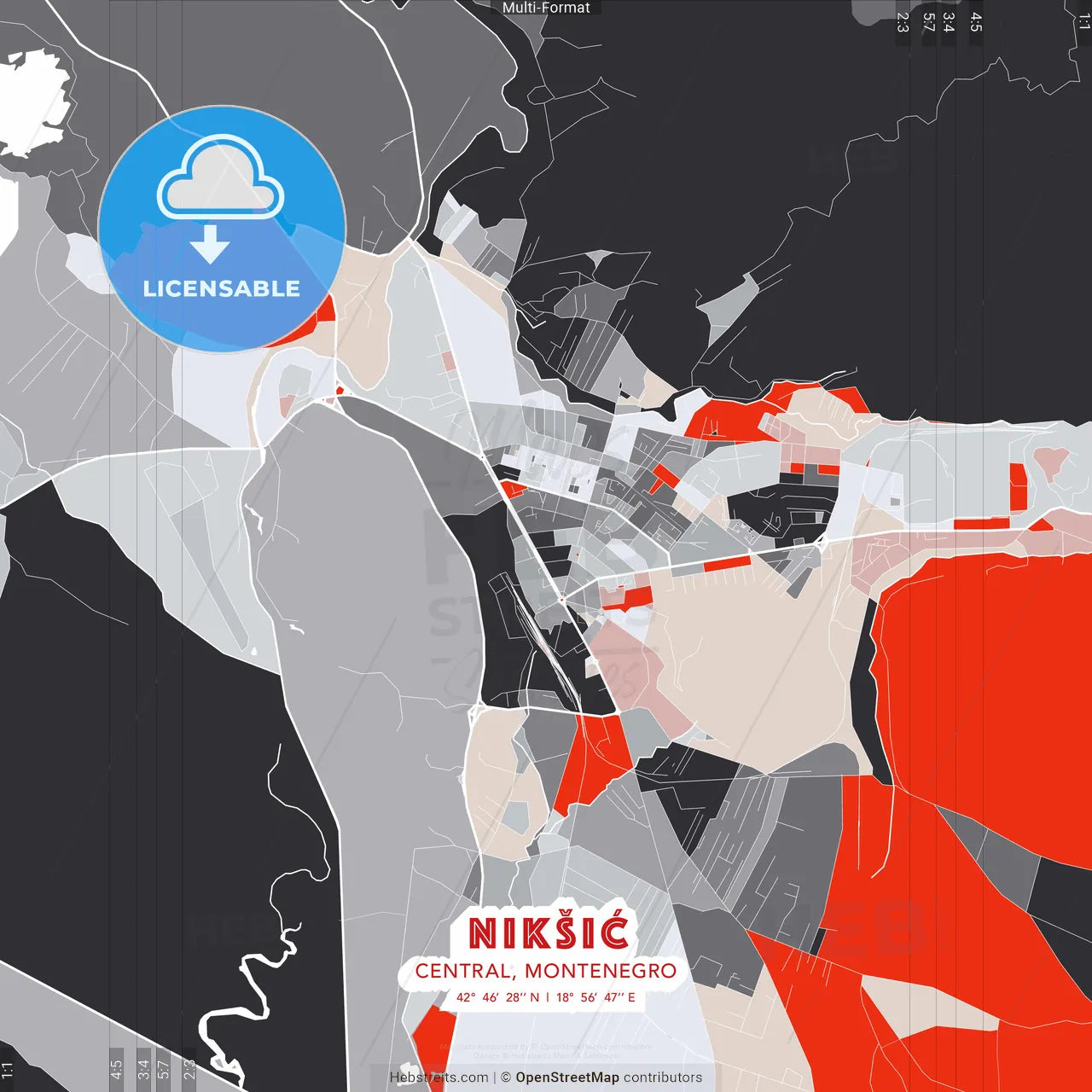 Nikšić, Central, Montenegro - modern street map poster template with gray and red tones
