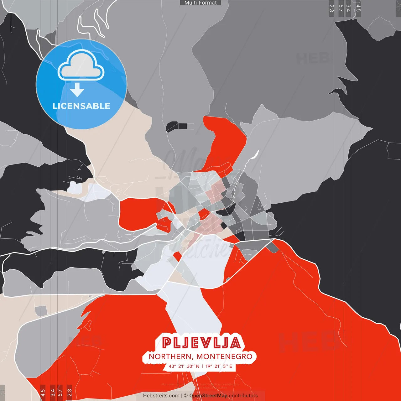 Pljevlja, Northern, Montenegro - modern street map poster template with gray and red tones