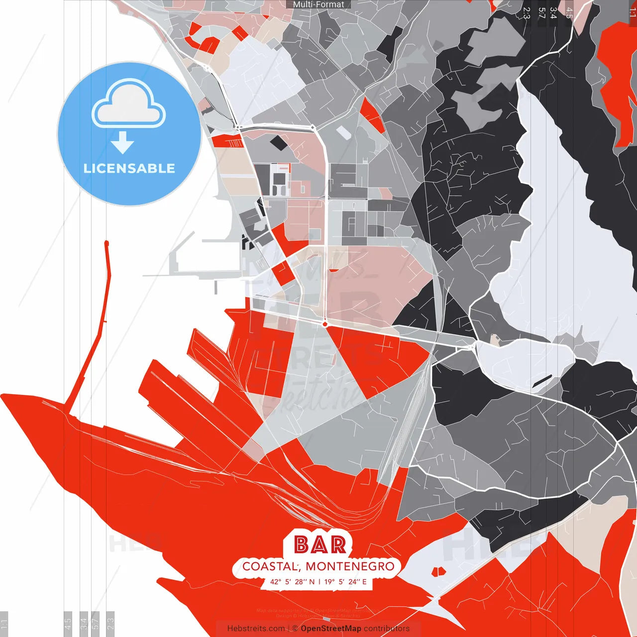 Bar, Coastal, Montenegro - modern street map poster template with gray and red tones