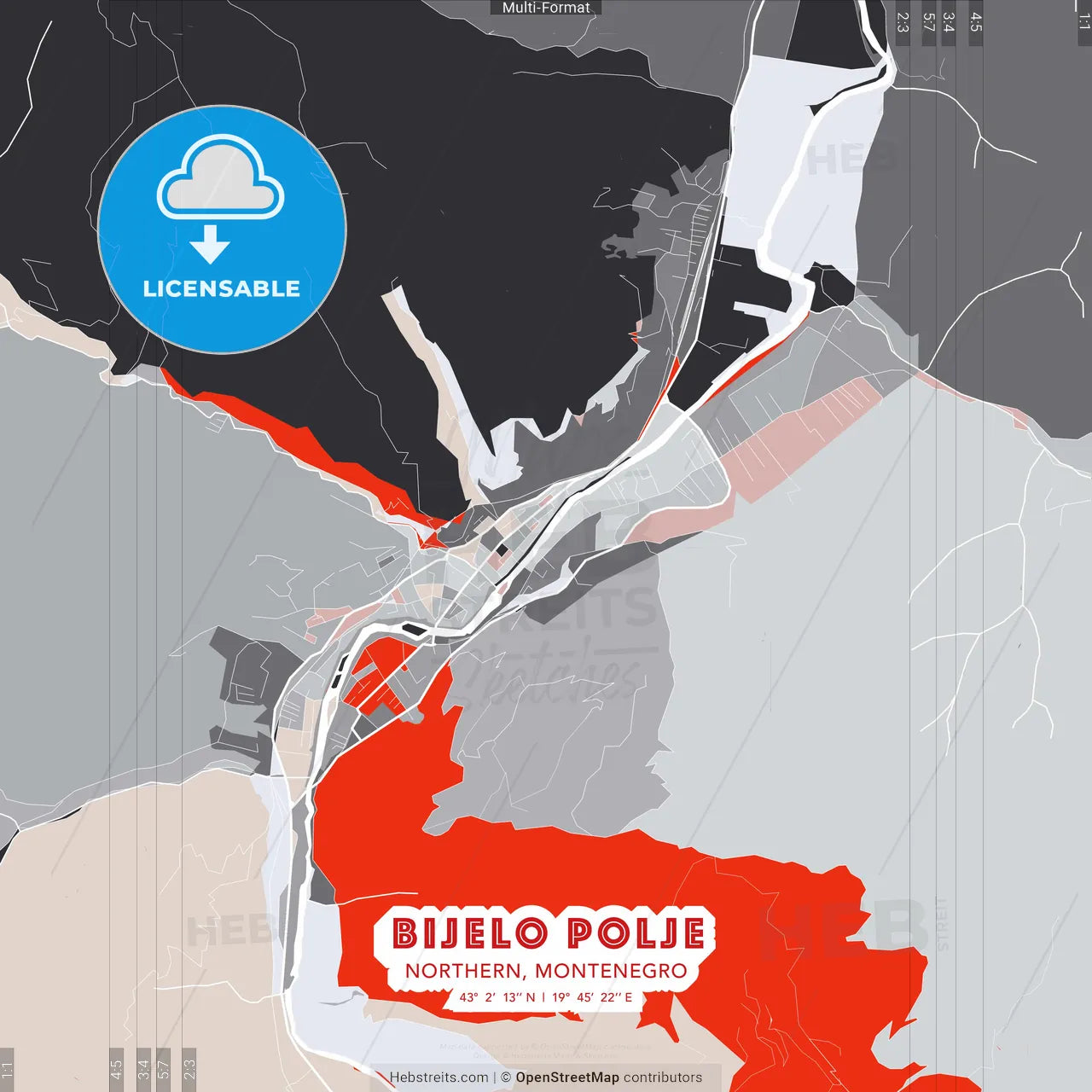 Bijelo Polje, Northern, Montenegro - modern street map poster template with gray and red tones