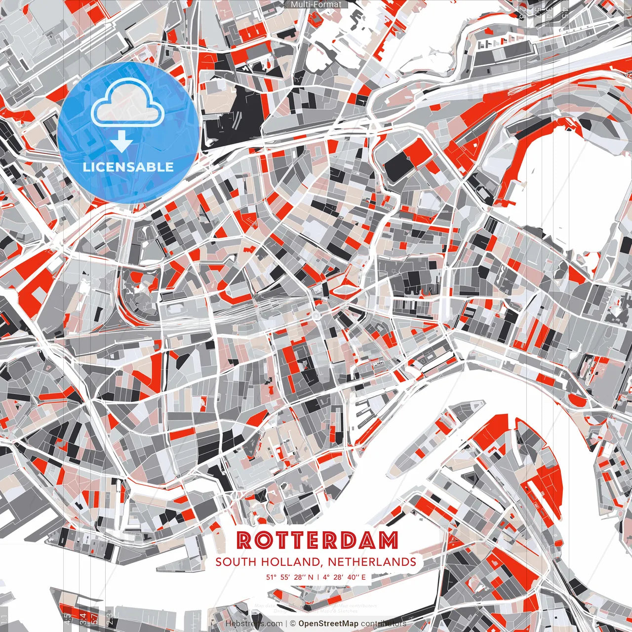 Rotterdam, South Holland, Netherlands - modern street map poster template with gray and red tones