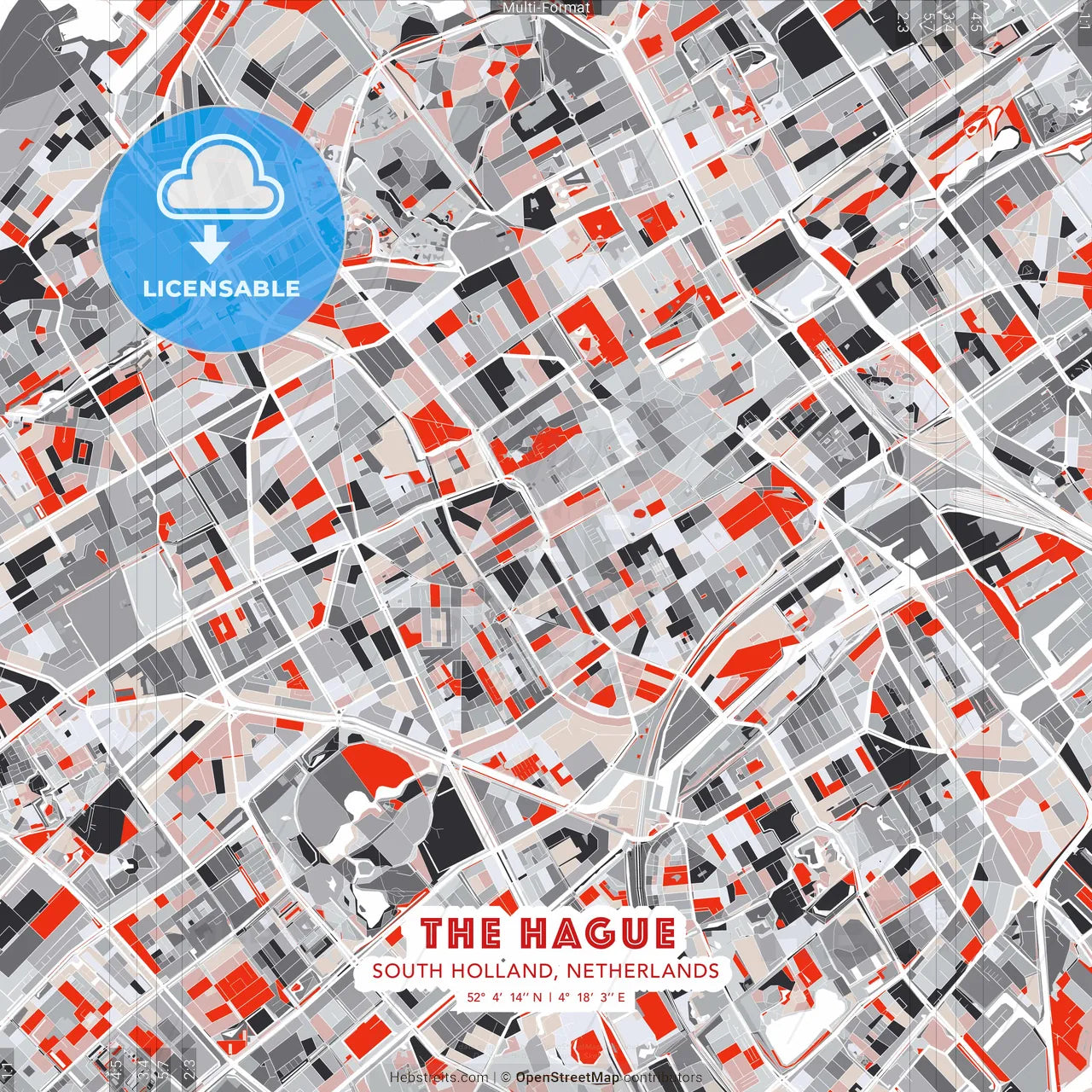 The Hague, South Holland, Netherlands - modern street map poster template with gray and red tones
