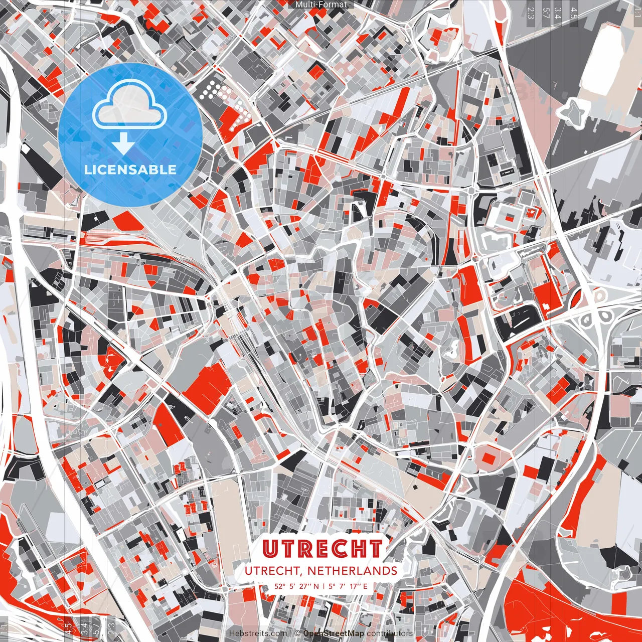 Utrecht, Utrecht, Netherlands - modern street map poster template with gray and red tones